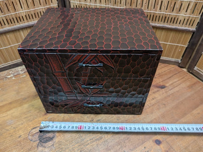 1989 Japanese 3-Drawer Box Bamboo Engraved & Signed Vintage Wood Chest