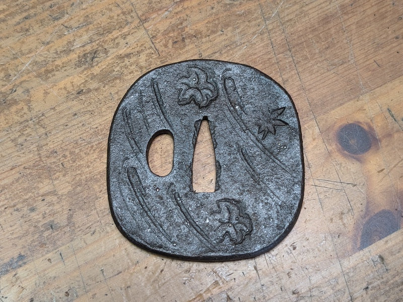 Antique Samurai Katana Tsuba Leaf Design Iron Sword Guard Japan Art