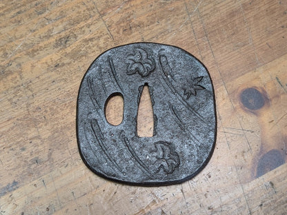 Antique Samurai Katana Tsuba Leaf Design Iron Sword Guard Japan Art