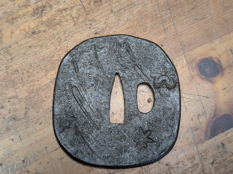 Antique Samurai Katana Tsuba Leaf Design Iron Sword Guard Japan Art
