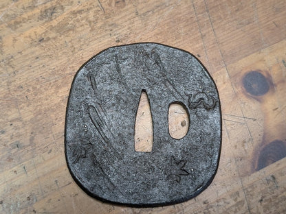 Antique Samurai Katana Tsuba Leaf Design Iron Sword Guard Japan Art