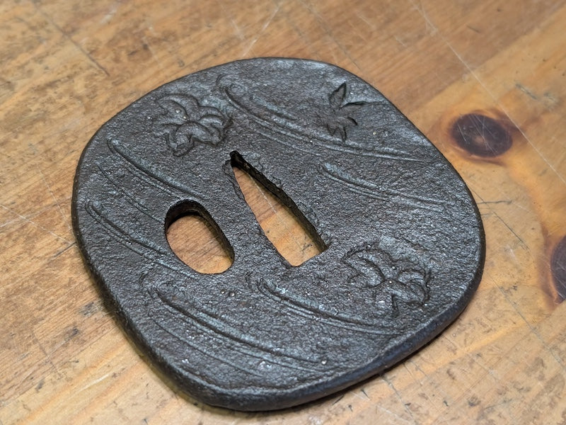 Antique Samurai Katana Tsuba Leaf Design Iron Sword Guard Japan Art