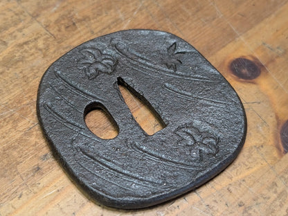 Antique Samurai Katana Tsuba Leaf Design Iron Sword Guard Japan Art