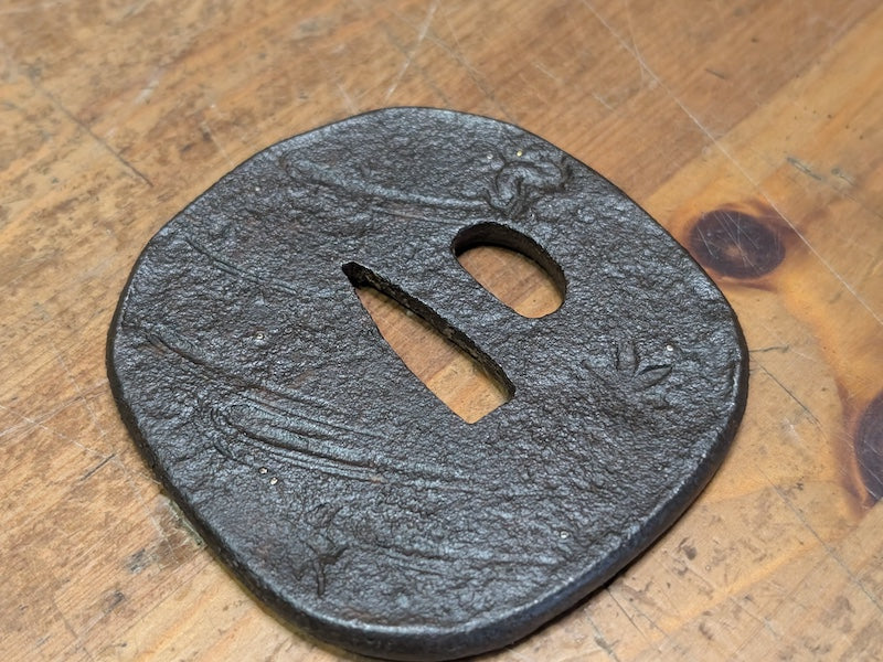 Antique Samurai Katana Tsuba Leaf Design Iron Sword Guard Japan Art