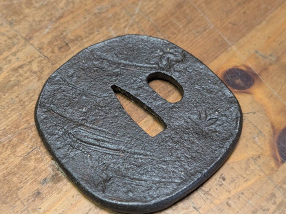 Antique Samurai Katana Tsuba Leaf Design Iron Sword Guard Japan Art