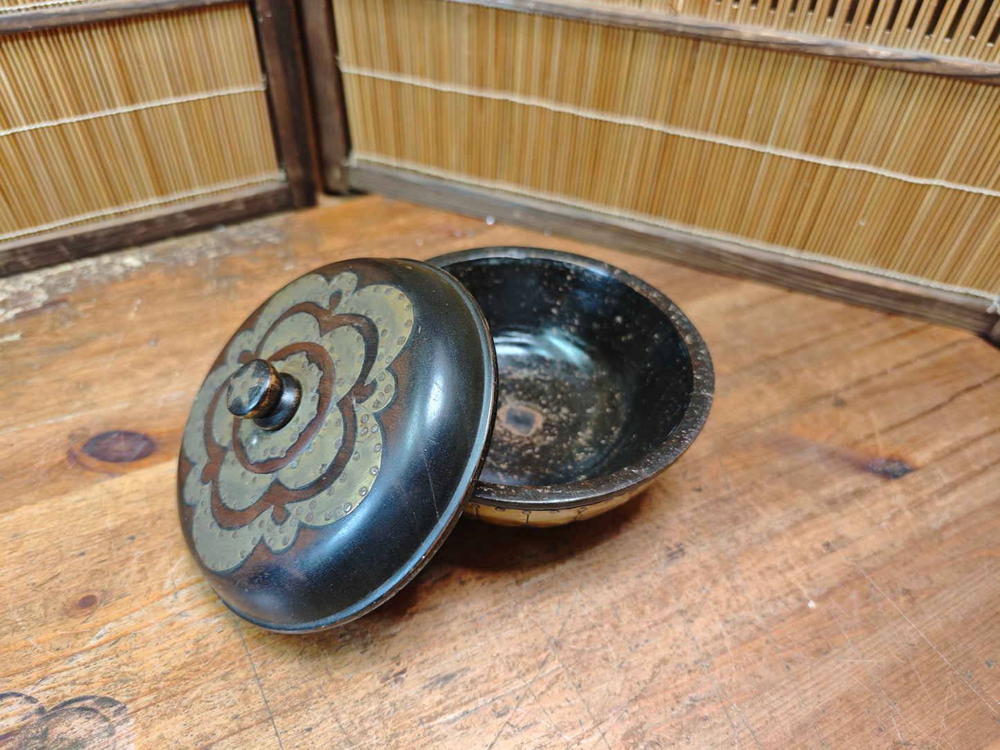 Antique 1900s Japanese Sakura Wood Bowl with Lid Brass Inlay Art Piece