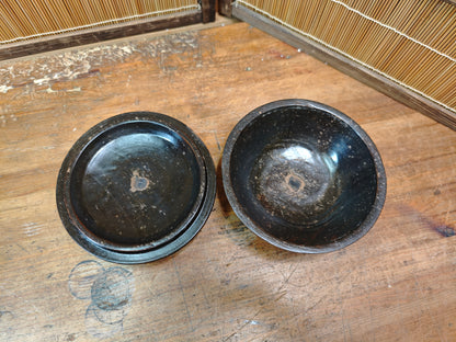 Antique 1900s Japanese Sakura Wood Bowl with Lid Brass Inlay Art Piece