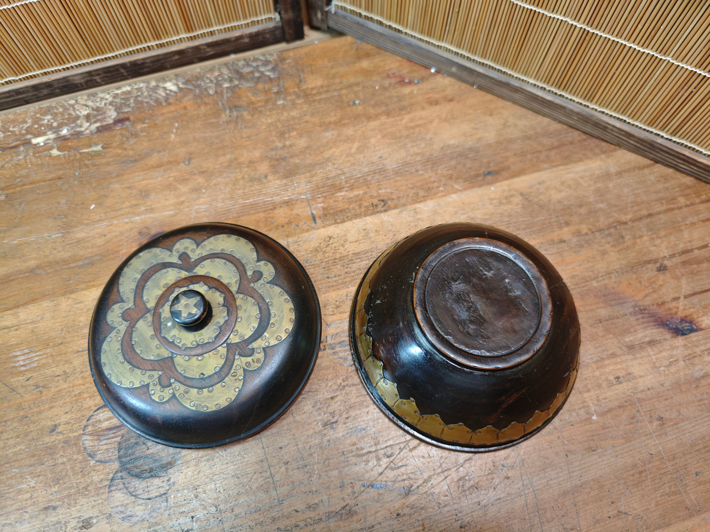 Antique 1900s Japanese Sakura Wood Bowl with Lid Brass Inlay Art Piece