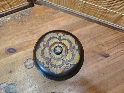 Antique 1900s Japanese Sakura Wood Bowl with Lid Brass Inlay Art Piece