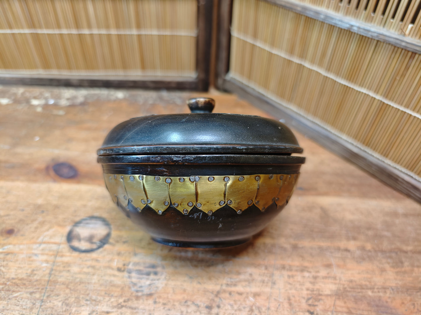 Antique 1900s Japanese Sakura Wood Bowl with Lid Brass Inlay Art Piece