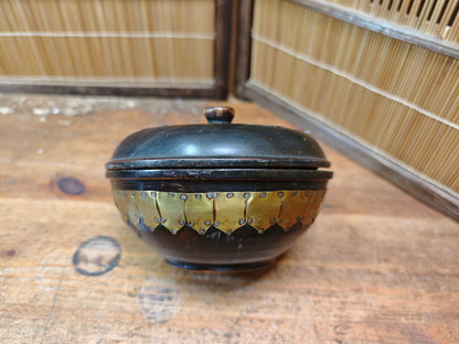 Antique 1900s Japanese Sakura Wood Bowl with Lid Brass Inlay Art Piece