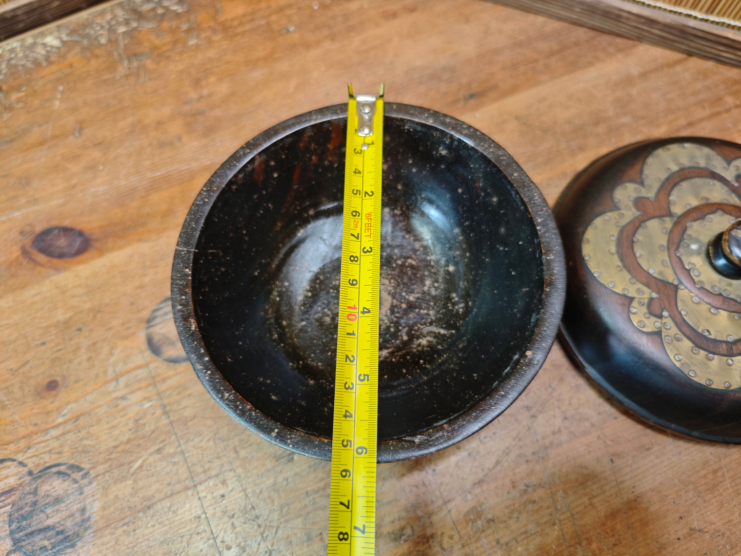 Antique 1900s Japanese Sakura Wood Bowl with Lid Brass Inlay Art Piece