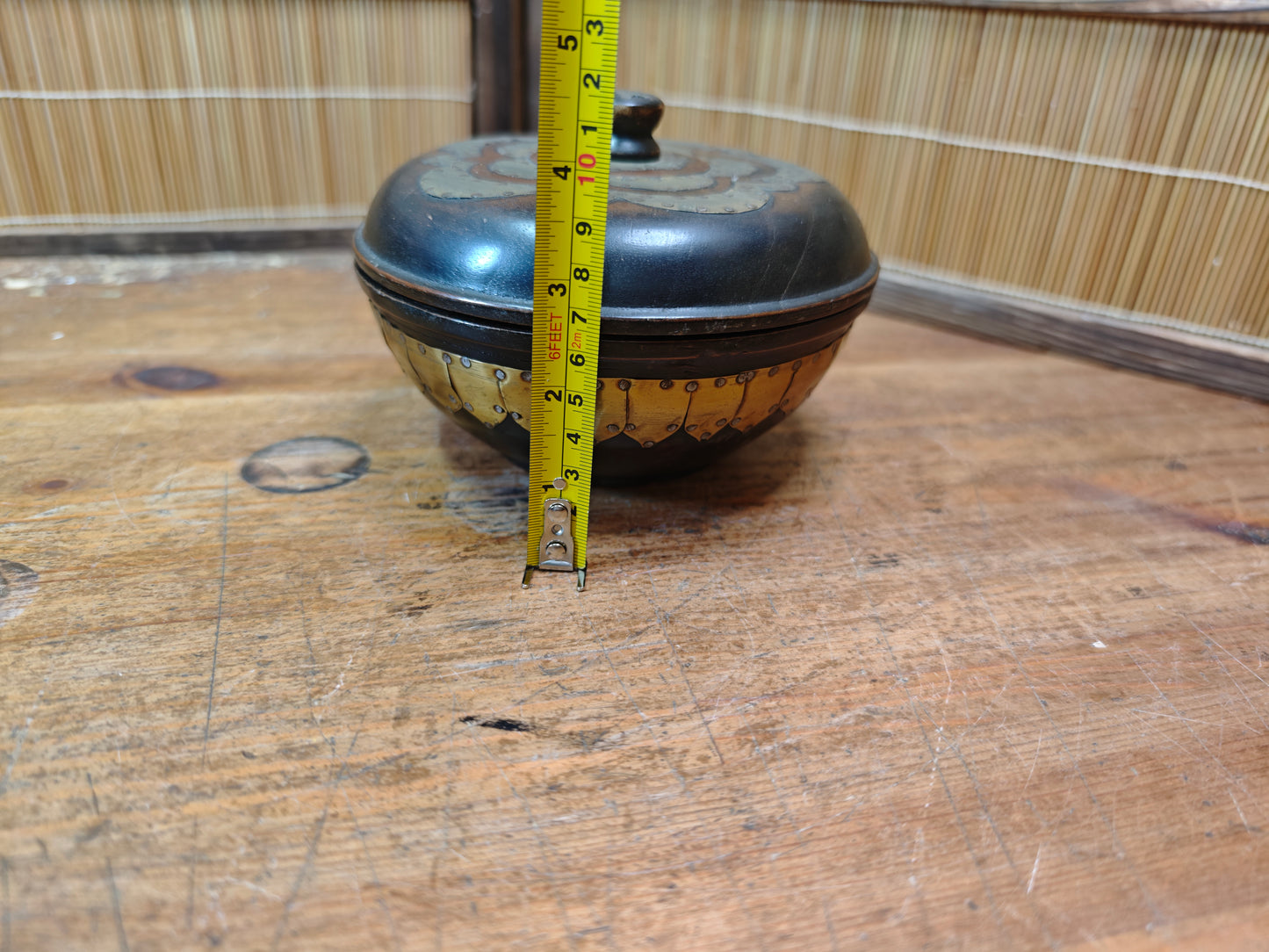 Antique 1900s Japanese Sakura Wood Bowl with Lid Brass Inlay Art Piece