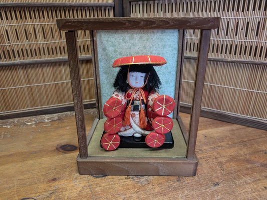 Antique Japanese Kimekomi Silk Doll in Original Wooden Display Decor
