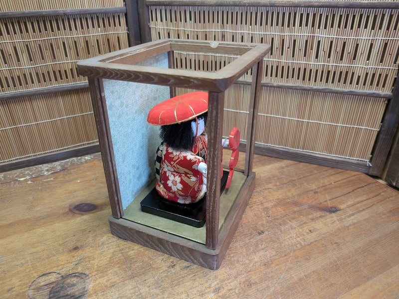Antique Japanese Kimekomi Silk Doll in Original Wooden Display Decor