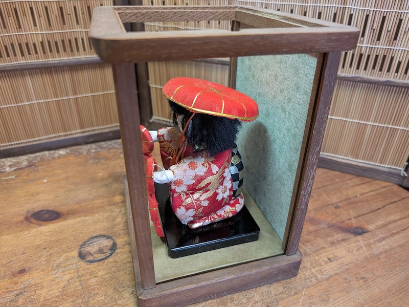 Antique Japanese Kimekomi Silk Doll in Original Wooden Display Decor