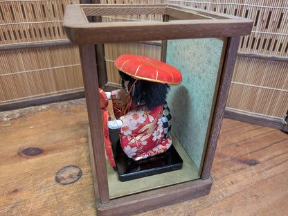 Antique Japanese Kimekomi Silk Doll in Original Wooden Display Decor