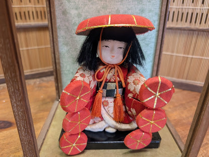 Antique Japanese Kimekomi Silk Doll in Original Wooden Display Decor