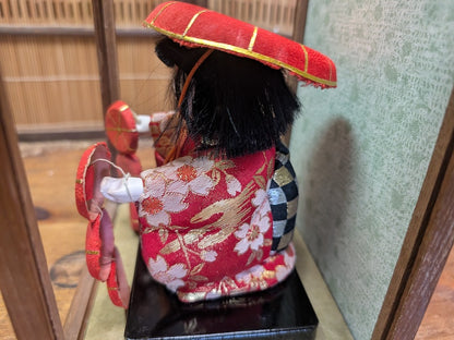 Antique Japanese Kimekomi Silk Doll in Original Wooden Display Decor