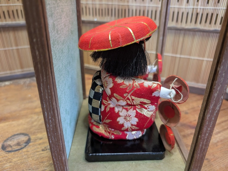 Antique Japanese Kimekomi Silk Doll in Original Wooden Display Decor
