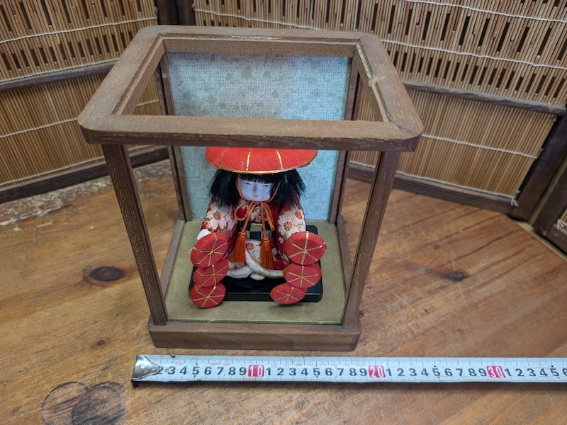 Antique Japanese Kimekomi Silk Doll in Original Wooden Display Decor