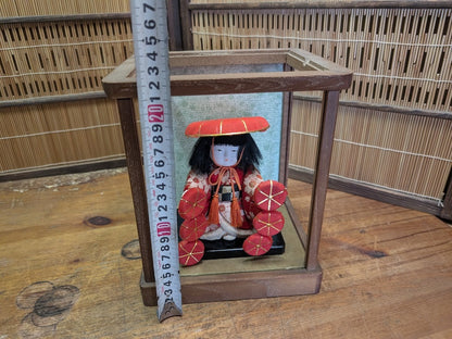 Antique Japanese Kimekomi Silk Doll in Original Wooden Display Decor