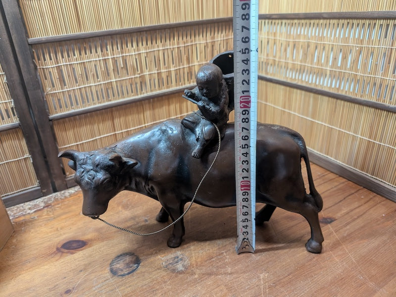 Rare Japanese Boy Riding Ox Statue Cast Metal Okinawa Folk Art Decor
