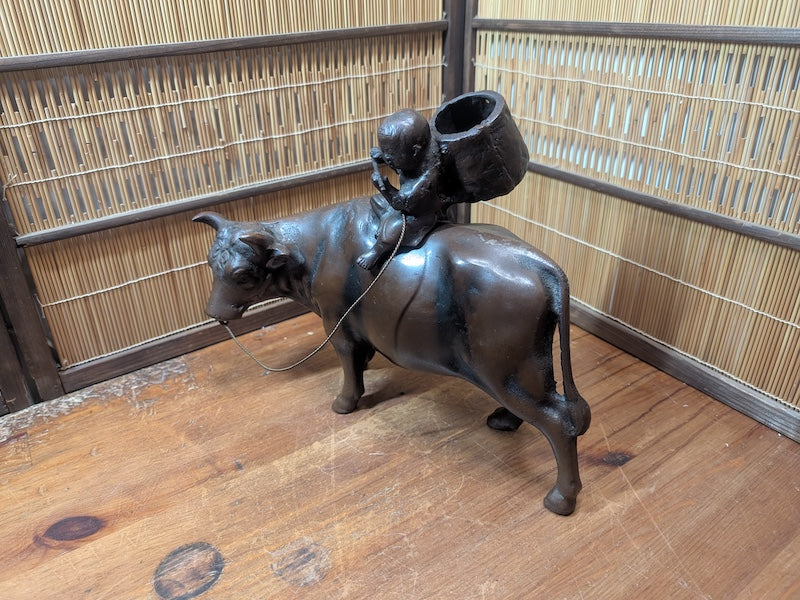 Rare Japanese Boy Riding Ox Statue Cast Metal Okinawa Folk Art Decor