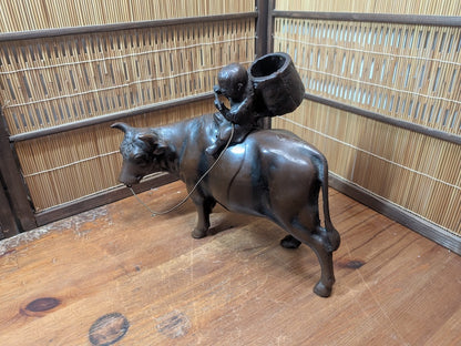 Rare Japanese Boy Riding Ox Statue Cast Metal Okinawa Folk Art Decor