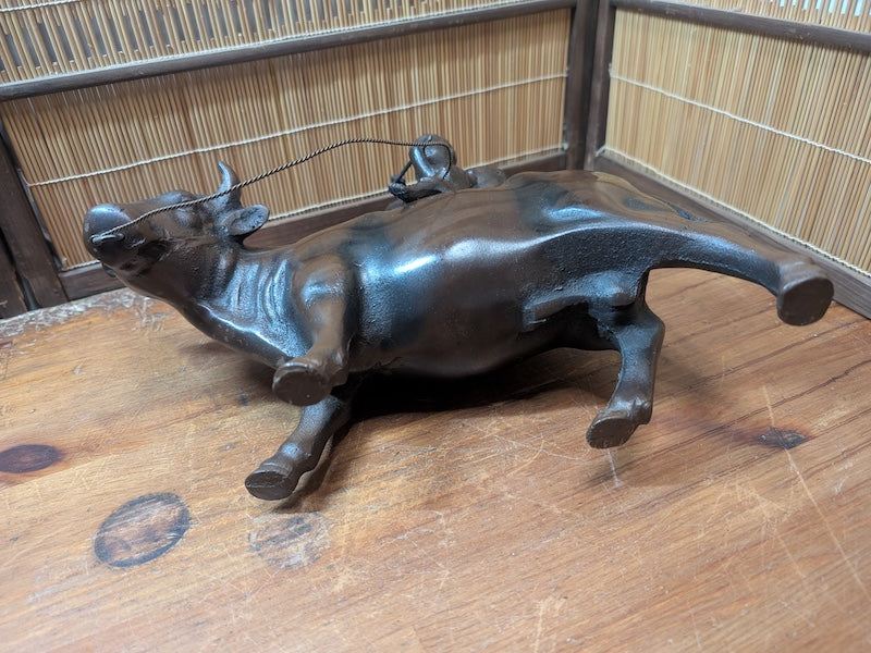 Rare Japanese Boy Riding Ox Statue Cast Metal Okinawa Folk Art Decor