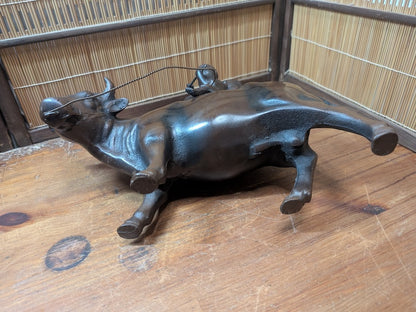 Rare Japanese Boy Riding Ox Statue Cast Metal Okinawa Folk Art Decor