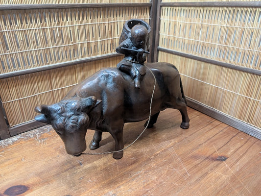 Rare Japanese Boy Riding Ox Statue Cast Metal Okinawa Folk Art Decor