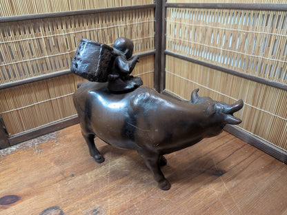 Rare Japanese Boy Riding Ox Statue Cast Metal Okinawa Folk Art Decor