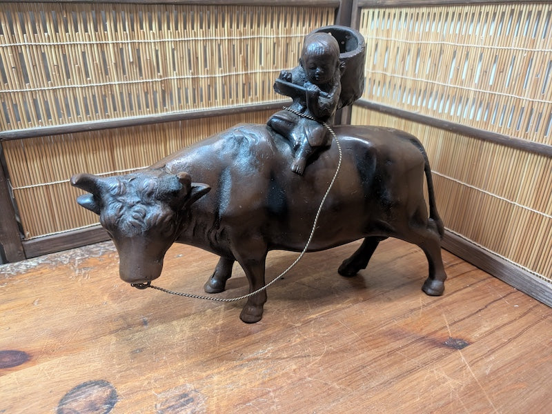 Rare Japanese Boy Riding Ox Statue Cast Metal Okinawa Folk Art Decor