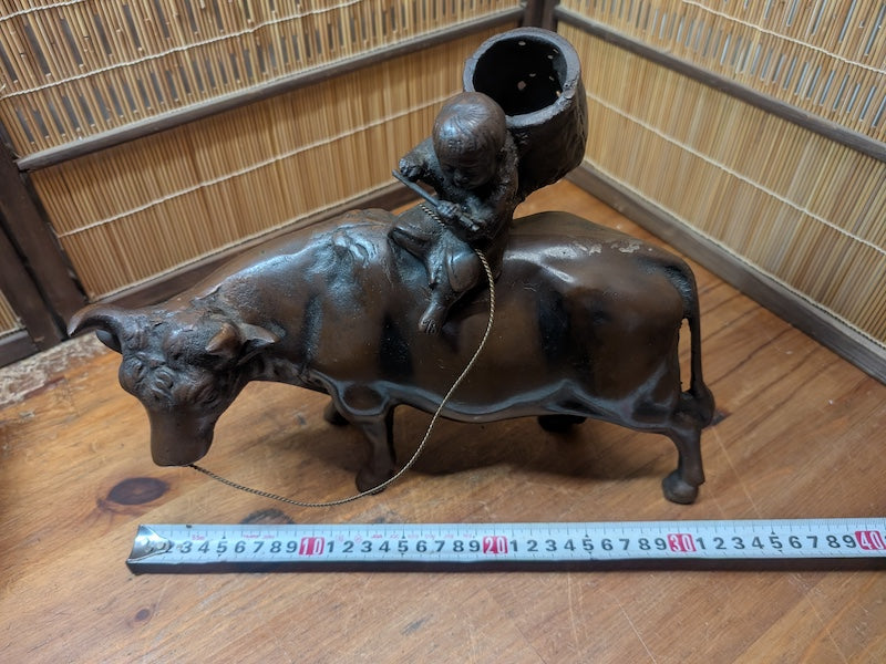Rare Japanese Boy Riding Ox Statue Cast Metal Okinawa Folk Art Decor