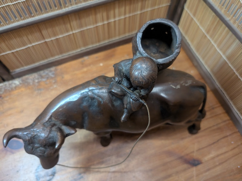 Rare Japanese Boy Riding Ox Statue Cast Metal Okinawa Folk Art Decor