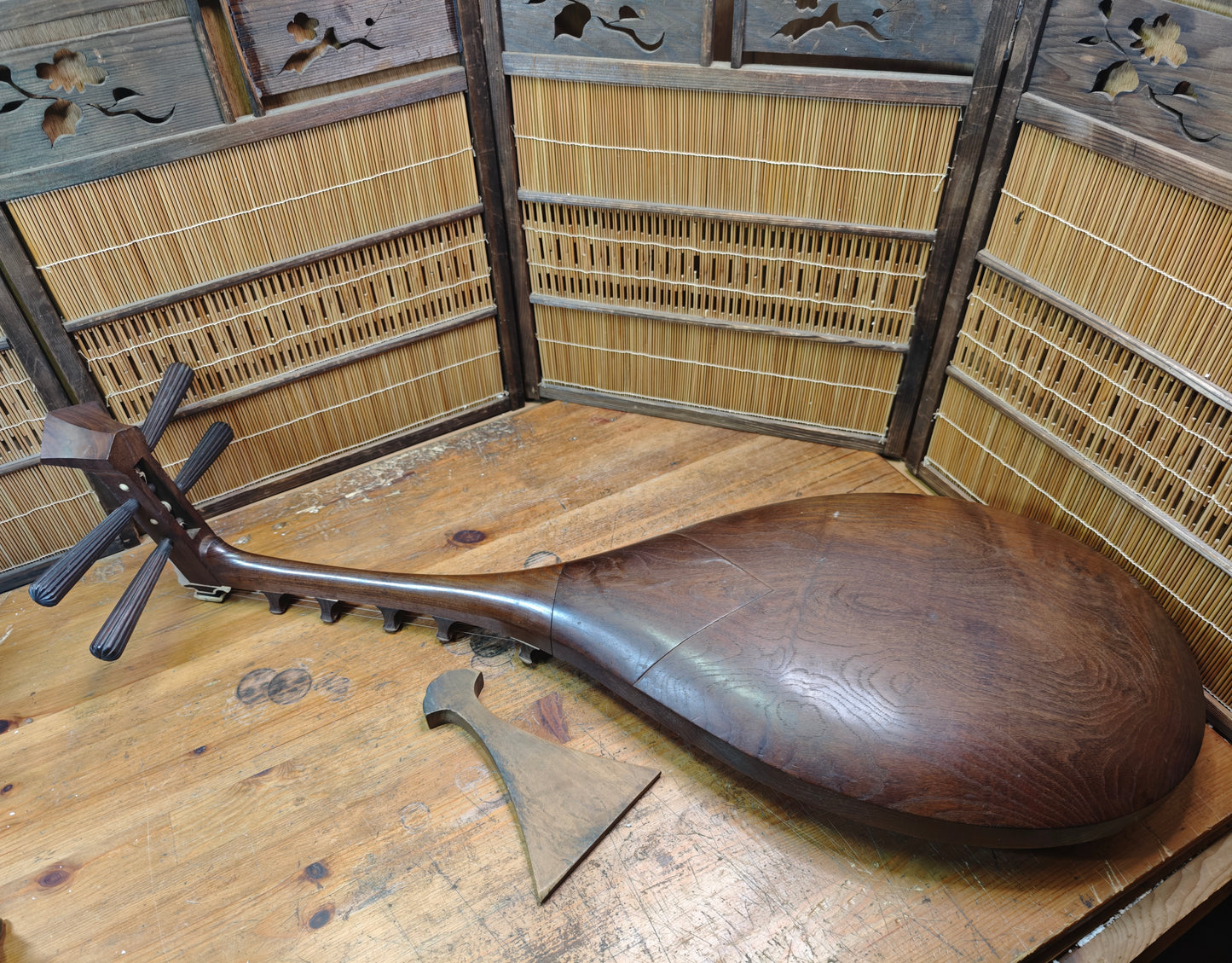 1800s Antique Japanese Biwa Lute Edo Era Wood Instrument Rare Authentic