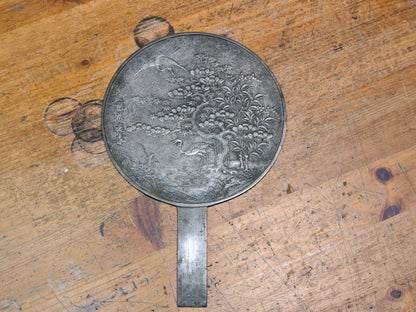 Antique Japanese Bronze Mirror 1800s Crane & Bonsai Engraved Plate Edo Era Art