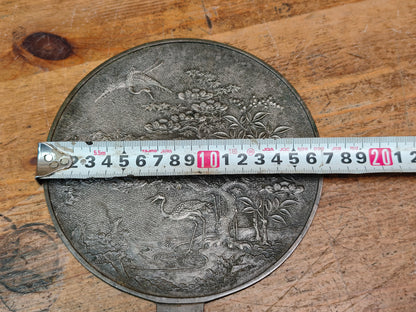 Antique Japanese Bronze Mirror 1800s Crane & Bonsai Engraved Plate Edo Era Art
