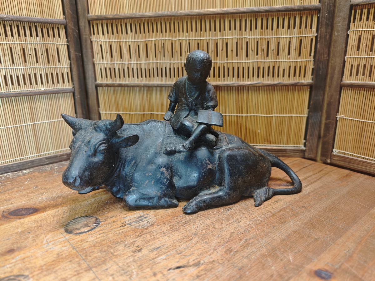 Japanese Antique Iron Okimono Boy Riding Ox Zen Sculpture Cast Iron