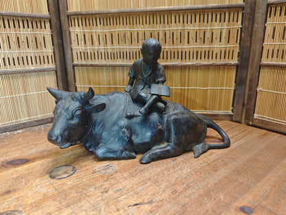 Japanese Antique Iron Okimono Boy Riding Ox Zen Sculpture Cast Iron