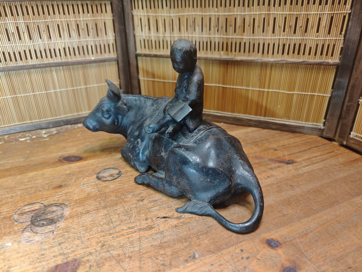 Japanese Antique Iron Okimono Boy Riding Ox Zen Sculpture Cast Iron