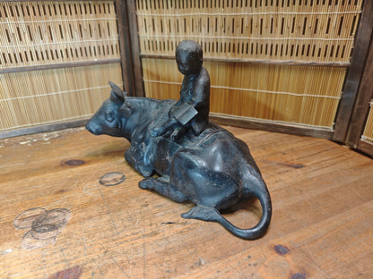 Japanese Antique Iron Okimono Boy Riding Ox Zen Sculpture Cast Iron