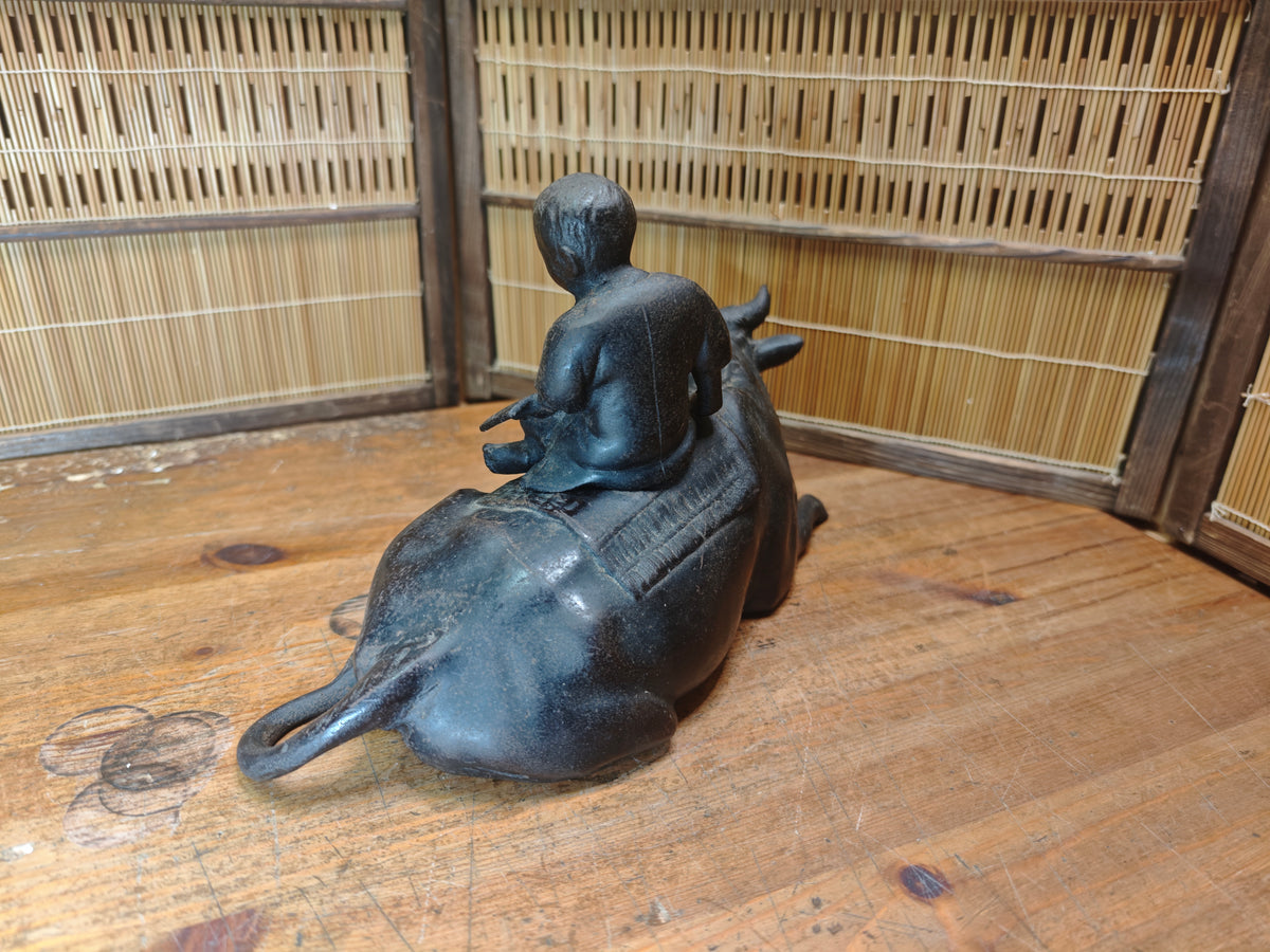 Japanese Antique Iron Okimono Boy Riding Ox Zen Sculpture Cast Iron