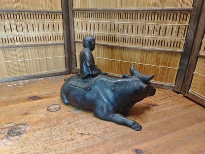 Japanese Antique Iron Okimono Boy Riding Ox Zen Sculpture Cast Iron