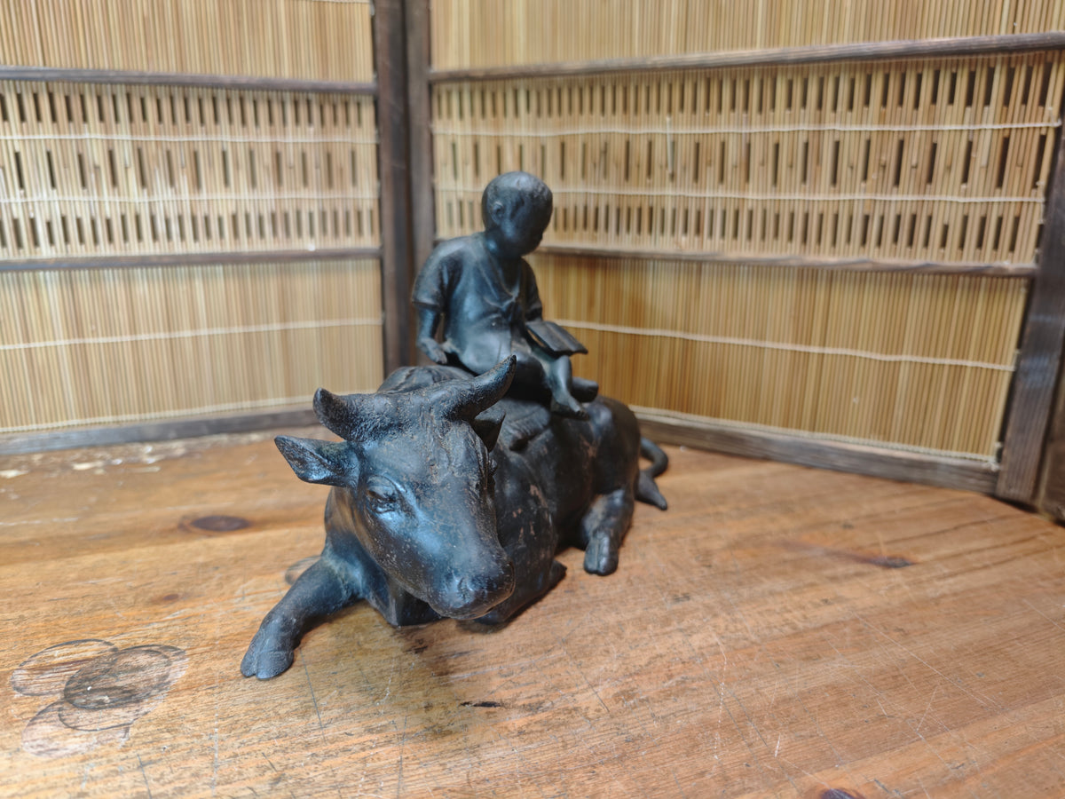 Japanese Antique Iron Okimono Boy Riding Ox Zen Sculpture Cast Iron