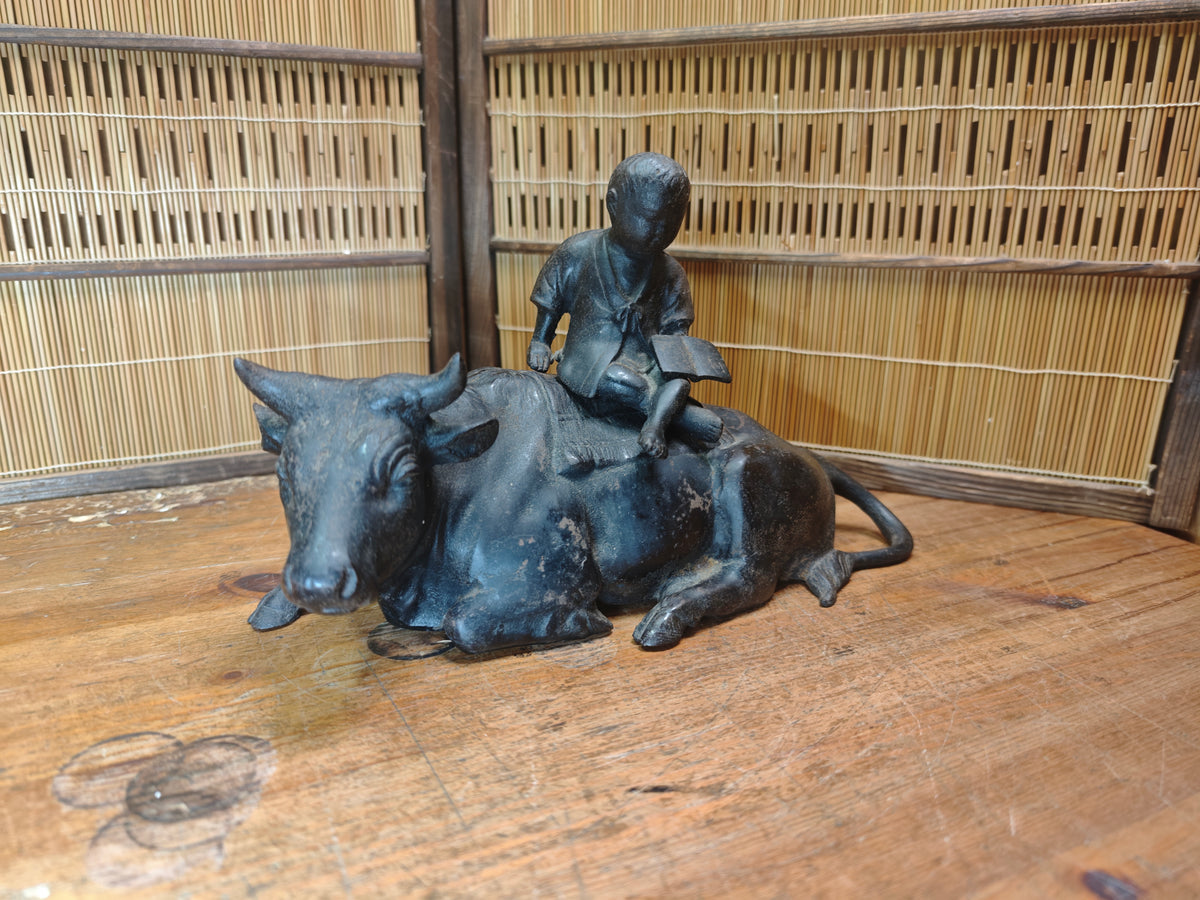Japanese Antique Iron Okimono Boy Riding Ox Zen Sculpture Cast Iron