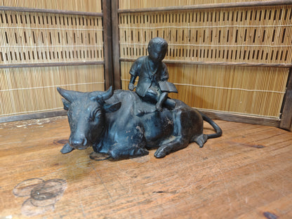 Japanese Antique Iron Okimono Boy Riding Ox Zen Sculpture Cast Iron
