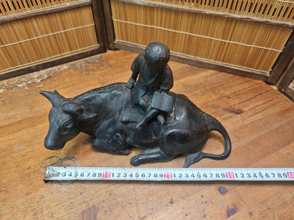Japanese Antique Iron Okimono Boy Riding Ox Zen Sculpture Cast Iron