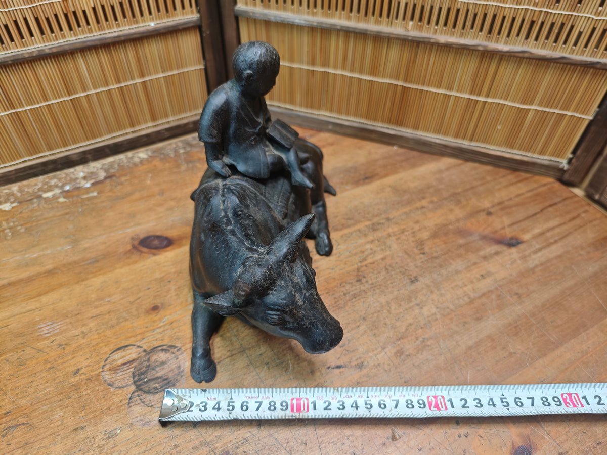 Japanese Antique Iron Okimono Boy Riding Ox Zen Sculpture Cast Iron